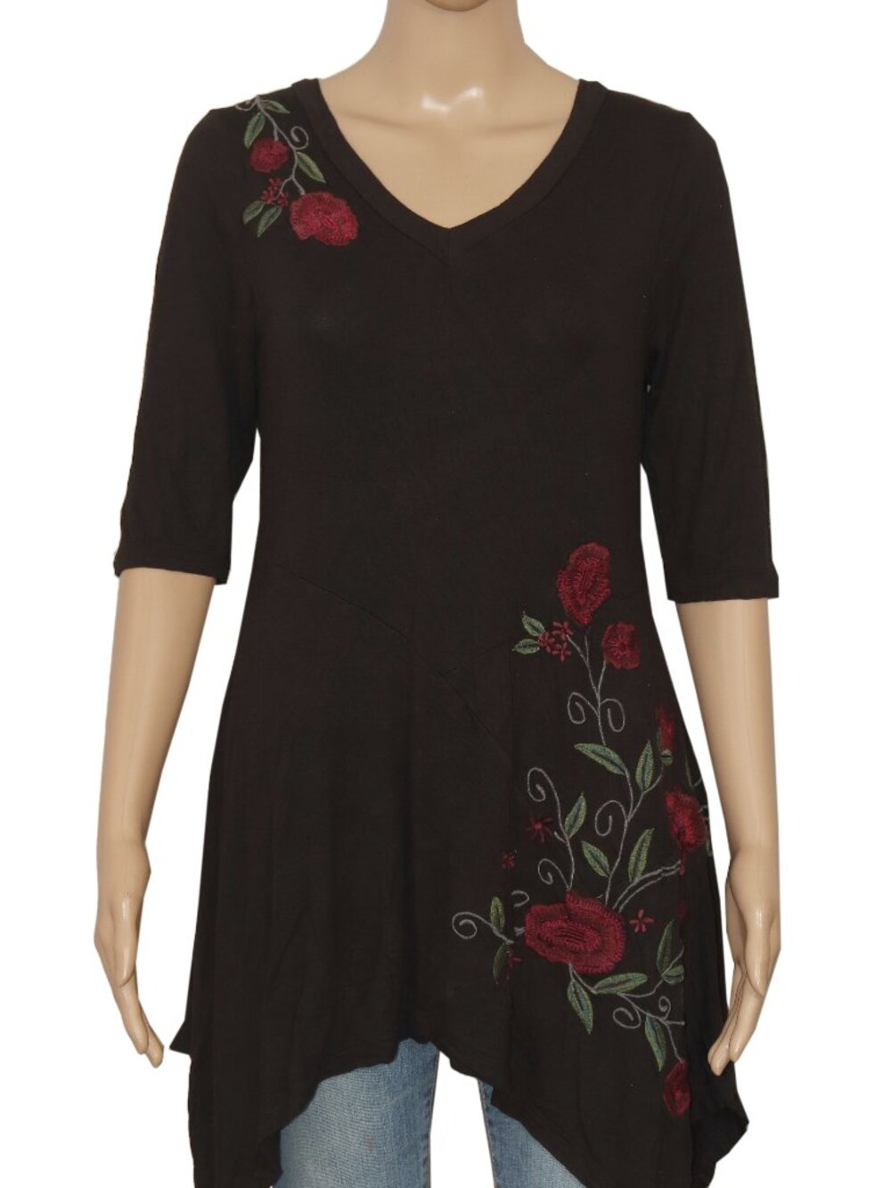 Caite Anthropologie Floral Embroidered Asymmetrical Black Short Sleeve Top S